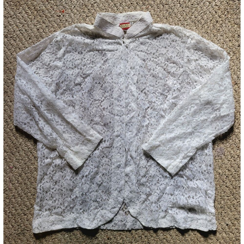 Vintage 70s 80s Romantic Sheer Lace Overlay Blouse Open Size L White Retro